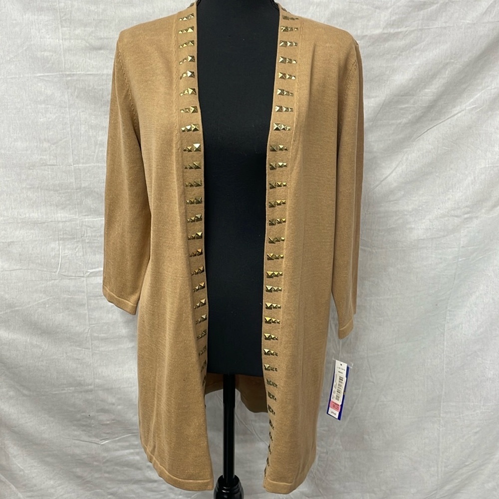 Peter Nygard gold color open front cardigan with metal studs, size medium, NWT